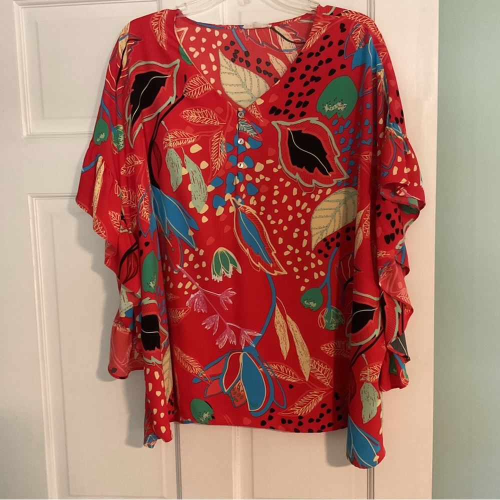 Red Floral V-Neck Flutter Sleeve Blouse